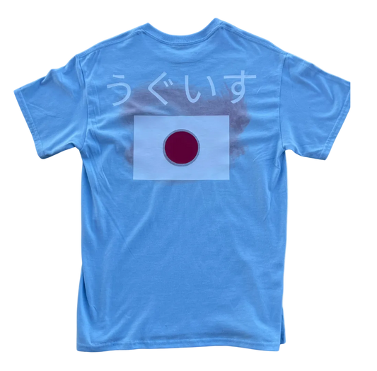 Blue t-shirt with a Japanese flag design on the back against a white background