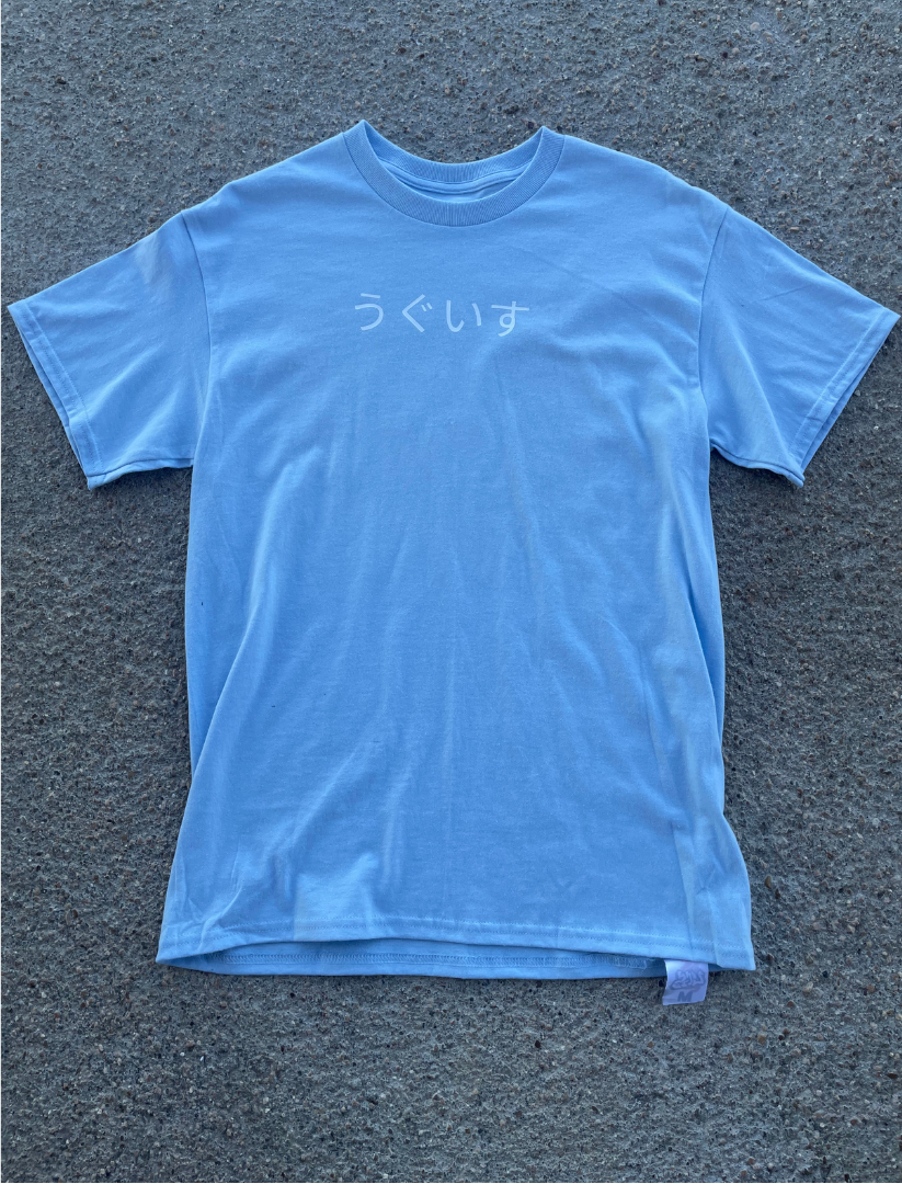 Light blue t-shirt with text on a gray textured background