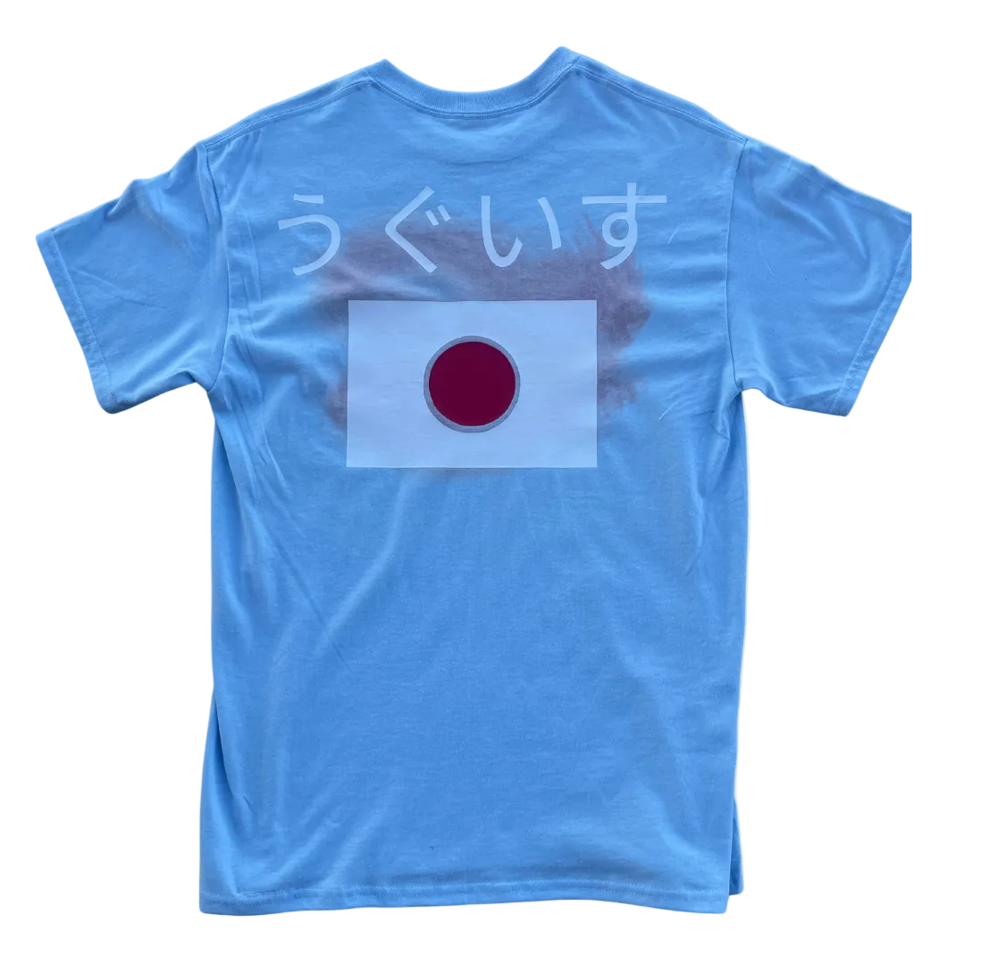 Blue t-shirt with a Japanese flag design on the back against a white background