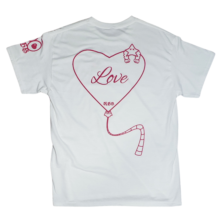 White t-shirt with a heart-shaped balloon design featuring the word 'love' on a white background