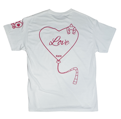 White t-shirt with a heart-shaped balloon design featuring the word 'love' on a white background
