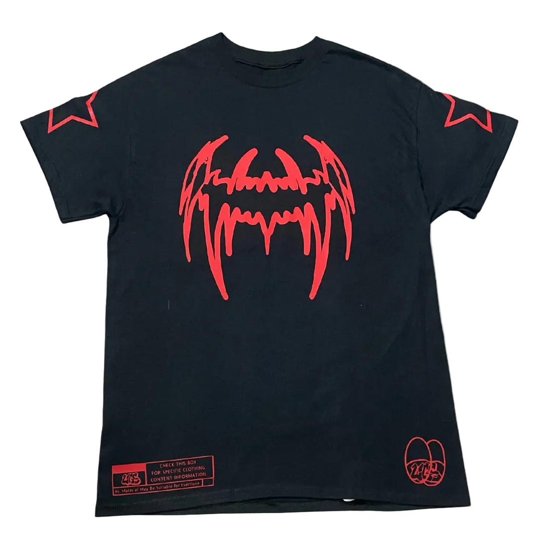 Black t-shirt with red graphic design on a white background