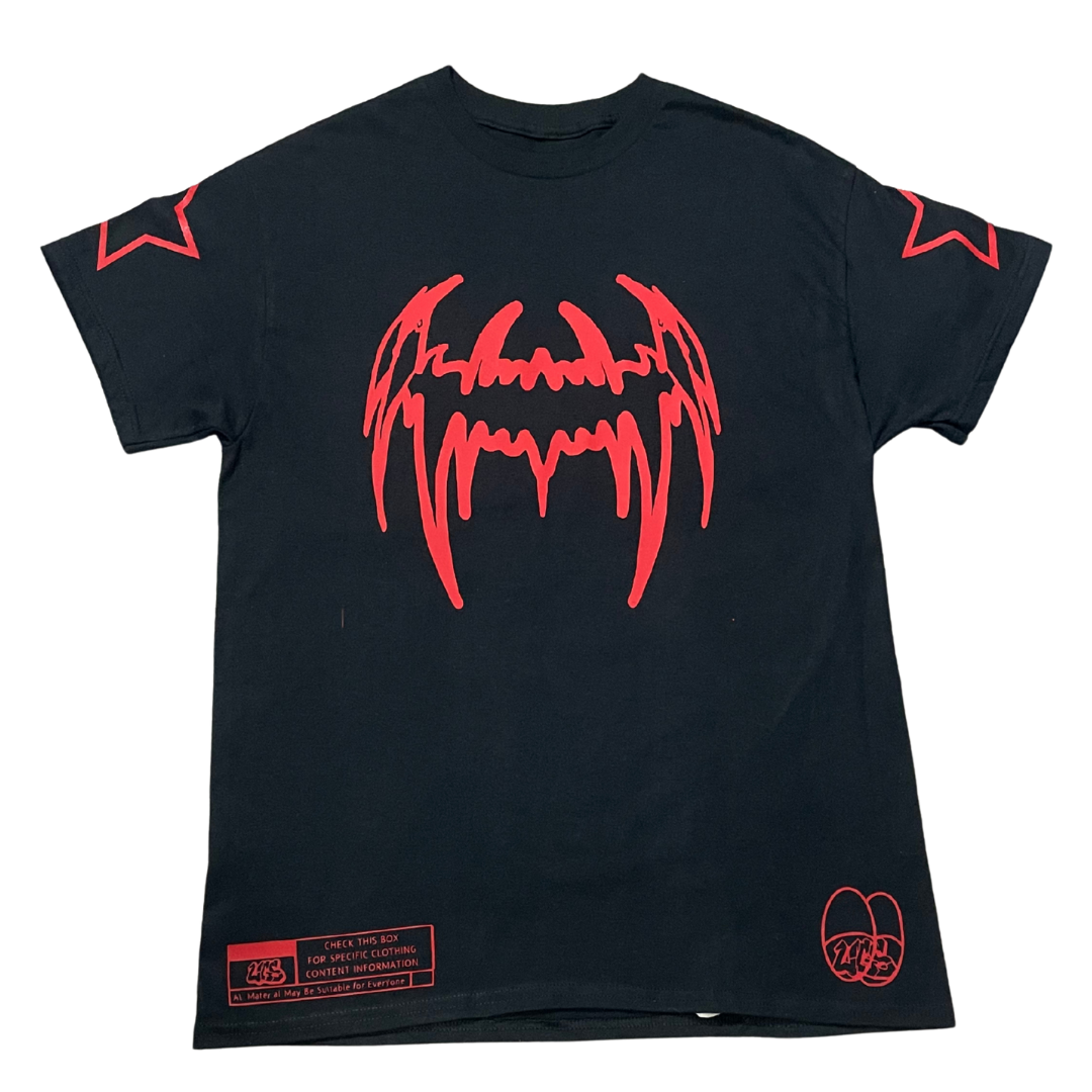 Black t-shirt with red graphic design on a white background