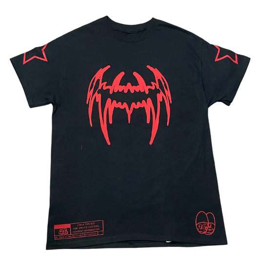 Black t-shirt with red graphic design on a white background