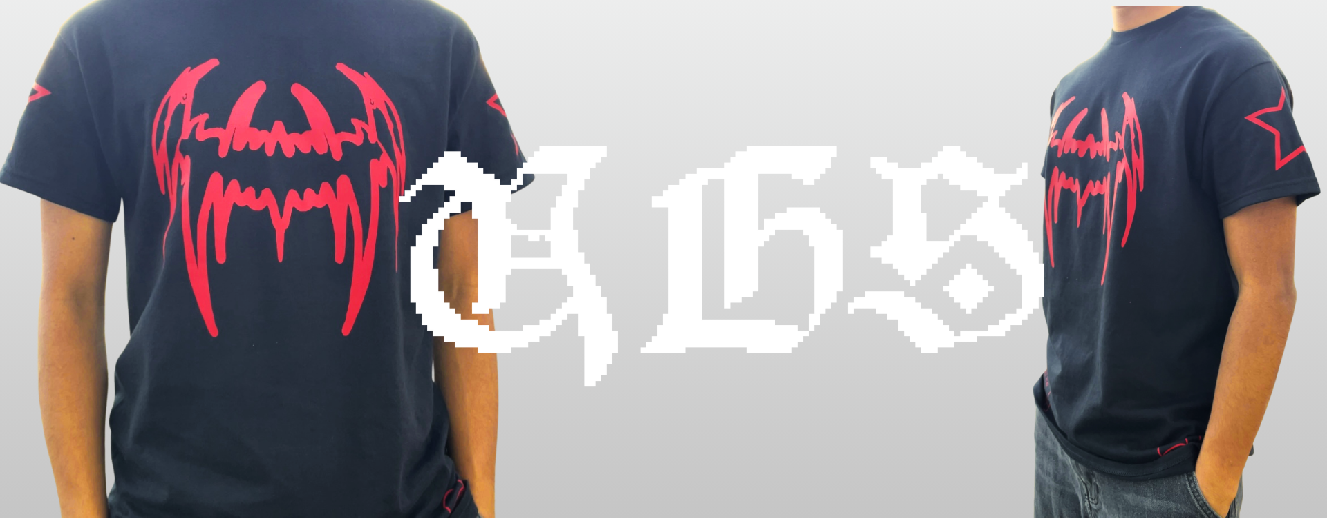 Black t-shirt with red graphic design on a plain background