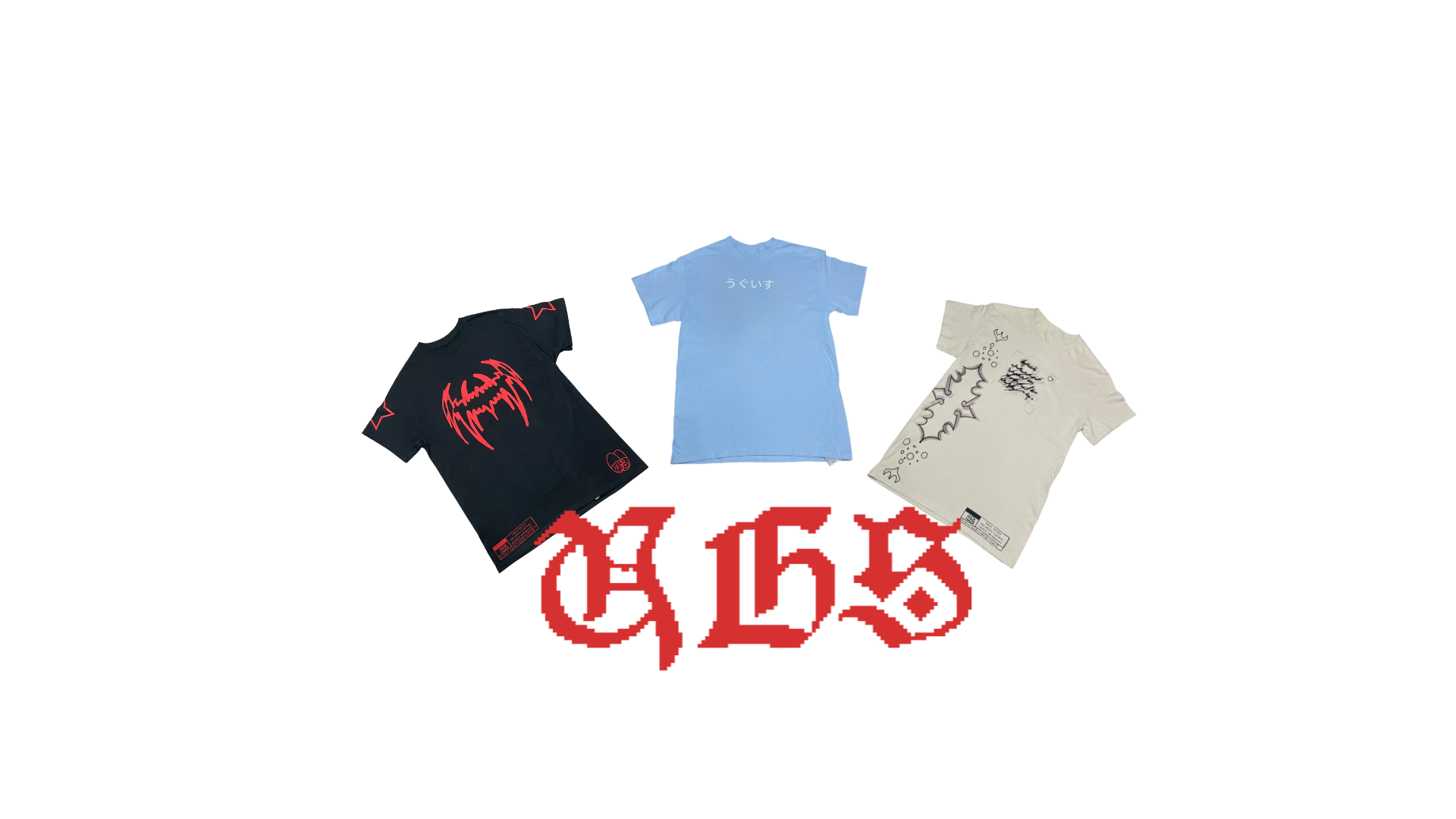 Three t-shirts in black, blue, and beige with a prominent red logo on a white background.